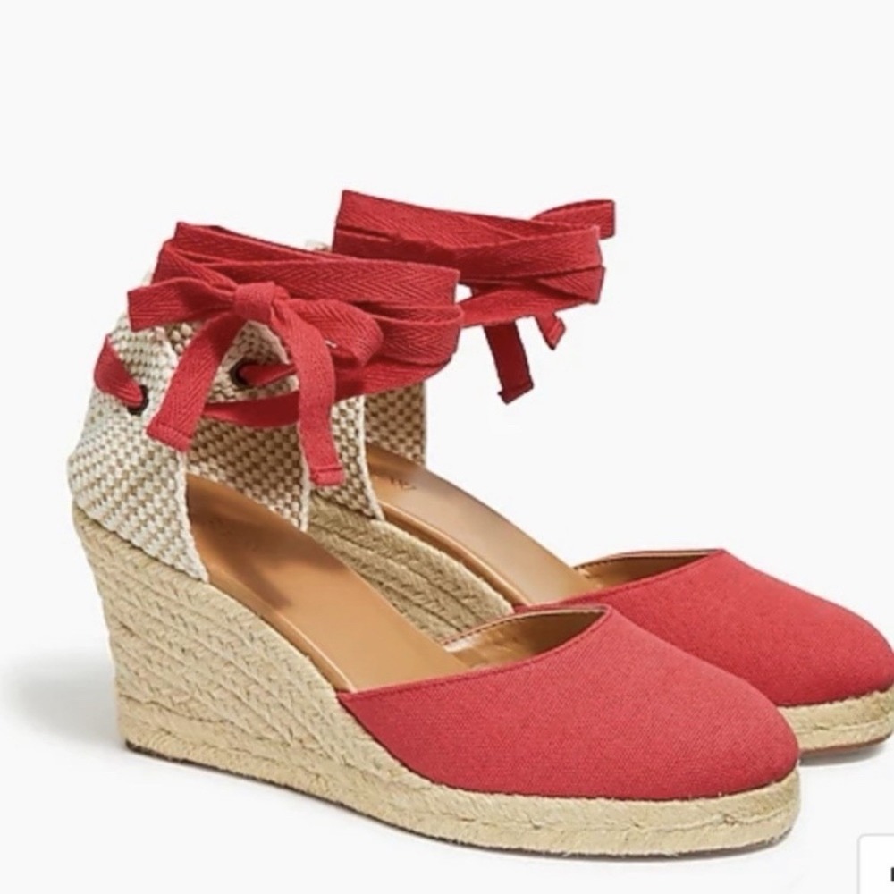 J Crew Espadrille Wedge Heels Size 10 Red Ankle Bow Ties AY315 Canvas Closed Toe